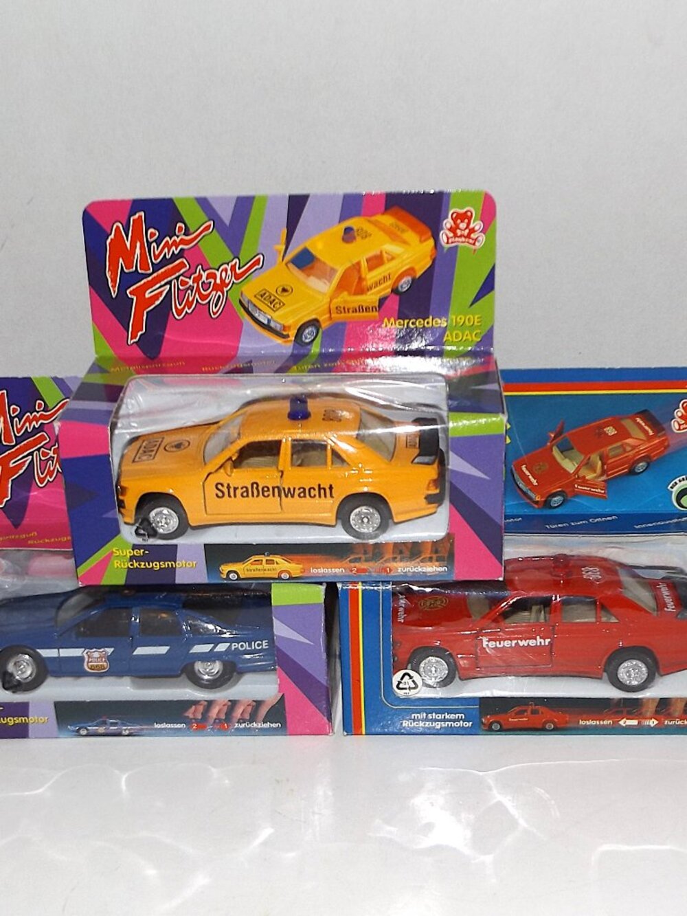 3 Pc Collection 1990s Die Cast Boxed Mini Flitzer Friction Cars Playbear Welly